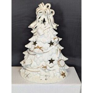 White Gold Ceramic Light Up Christmas Tree Accents Toys Stars 8 1/2" VTG